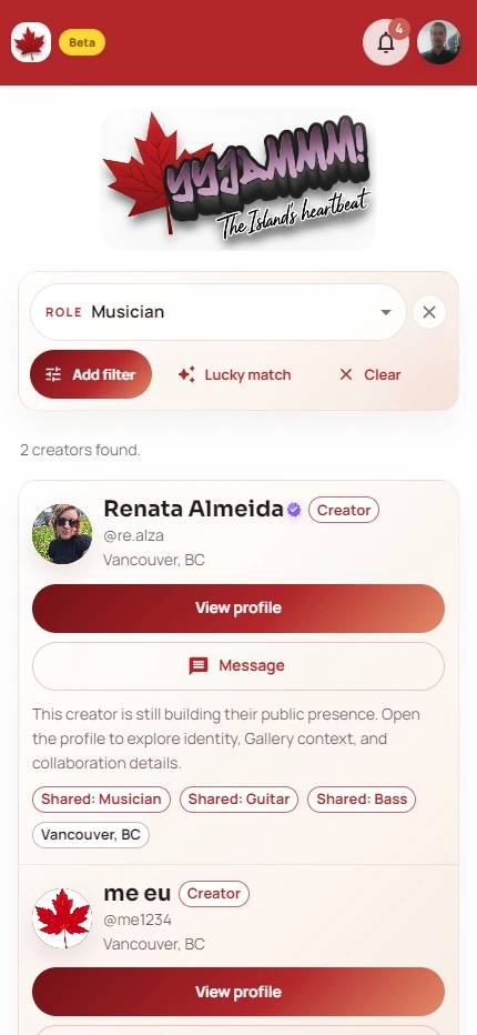 YYJammm Discover results showing creators and profile actions