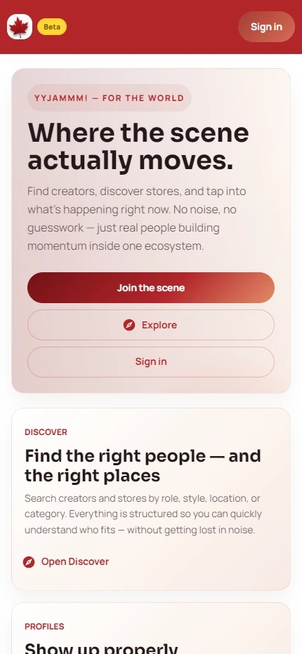 YYJammm home page with join the scene and explore actions