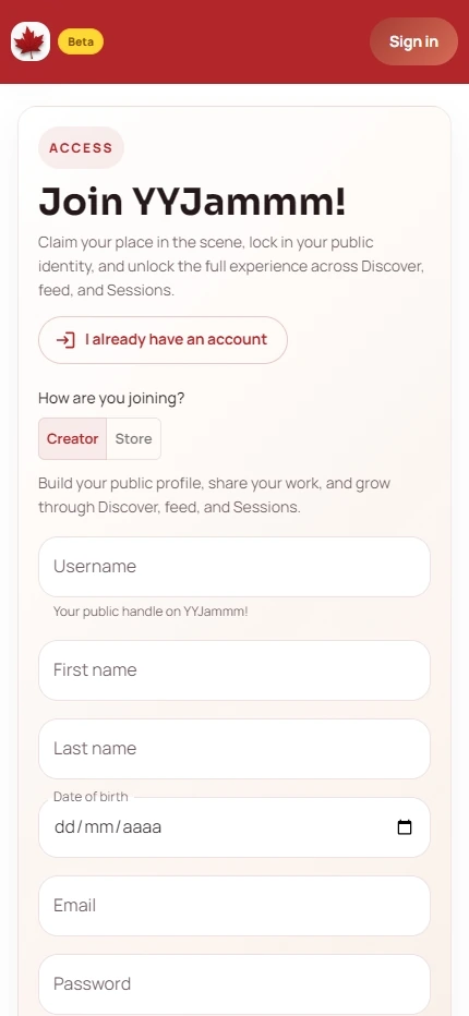 YYJammm creator signup form