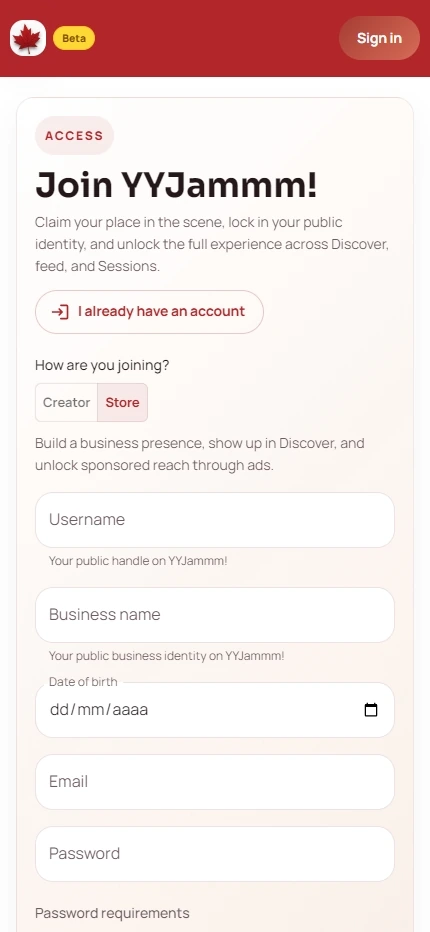 YYJammm store signup form