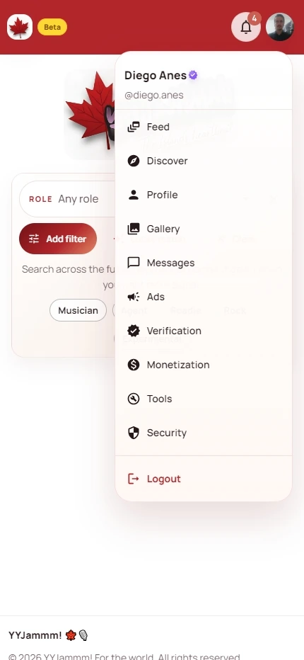 YYJammm side menu showing ecosystem navigation