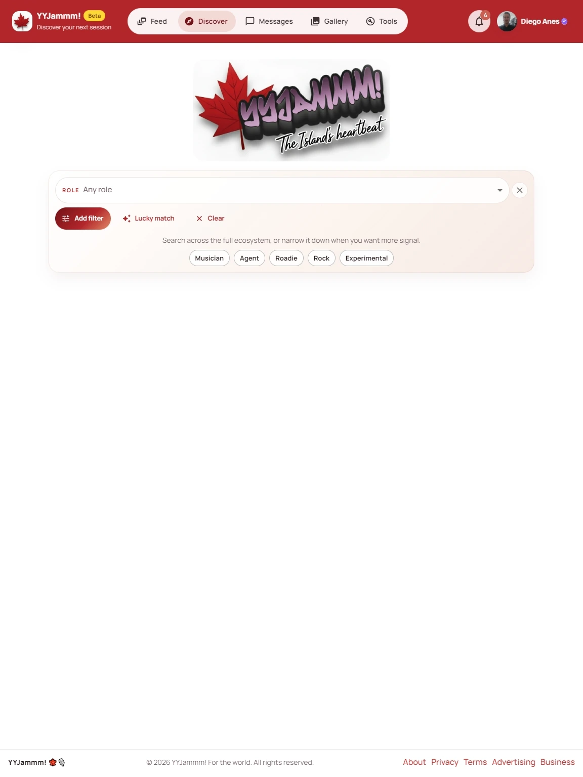 YYJammm Discover page on tablet layout