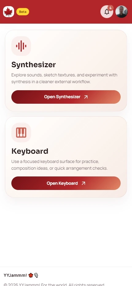 YYJammm Tools page with Synthesizer and Keyboard